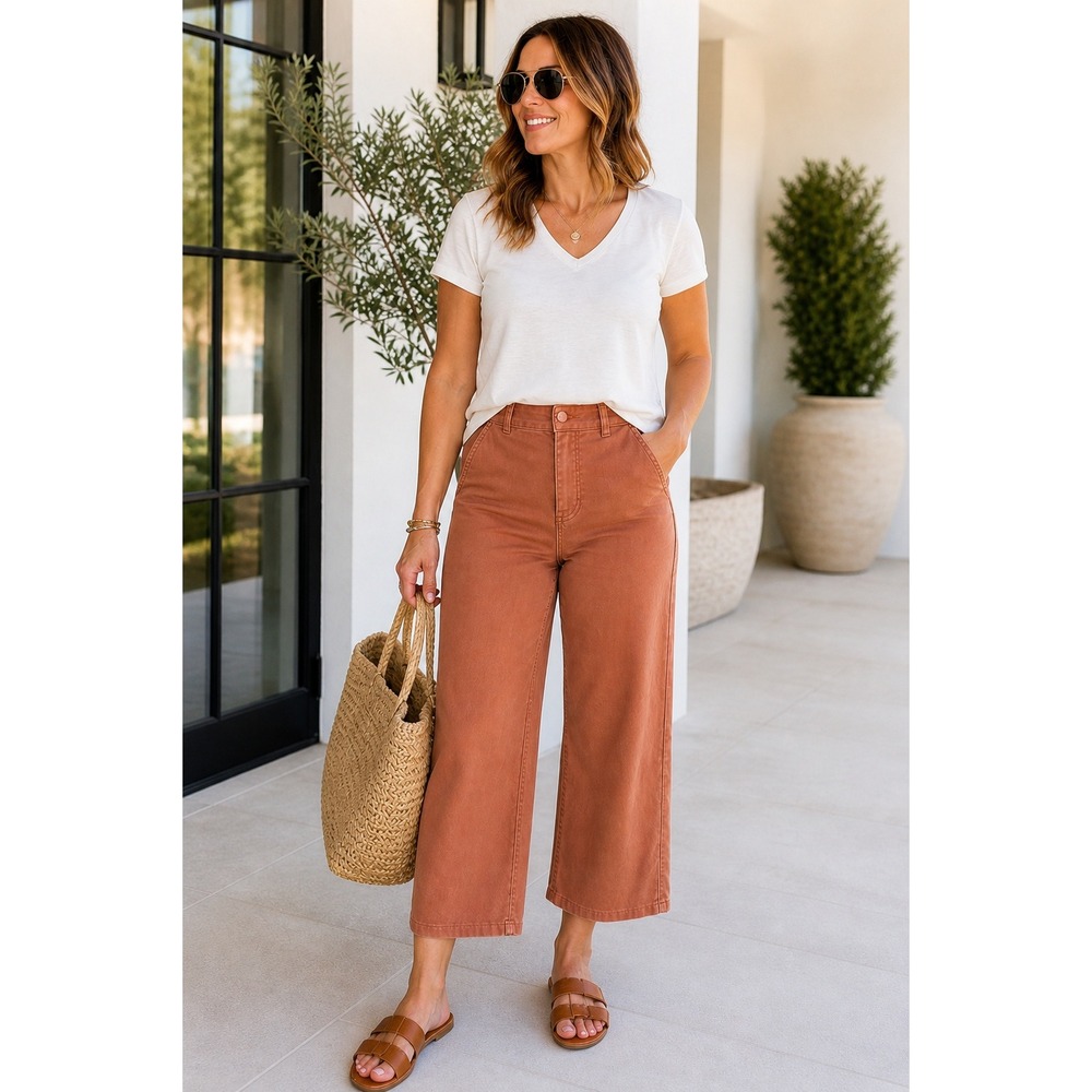 Spanx Stretch Twill Wide Leg Crop Pants Terracotta Clay Orange Medium‎ Petite
